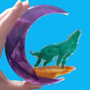 Resin Wolf Crescent Moon With Feathers Resin Art Handmade 5"